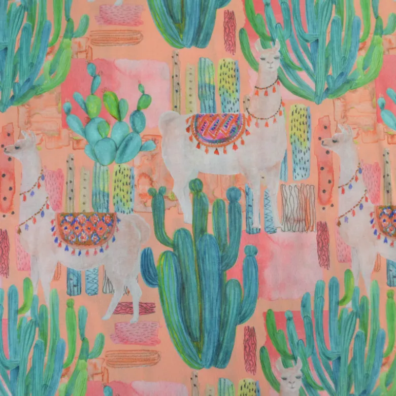 Tissu voile de coton motif cactus et lamas - corail
