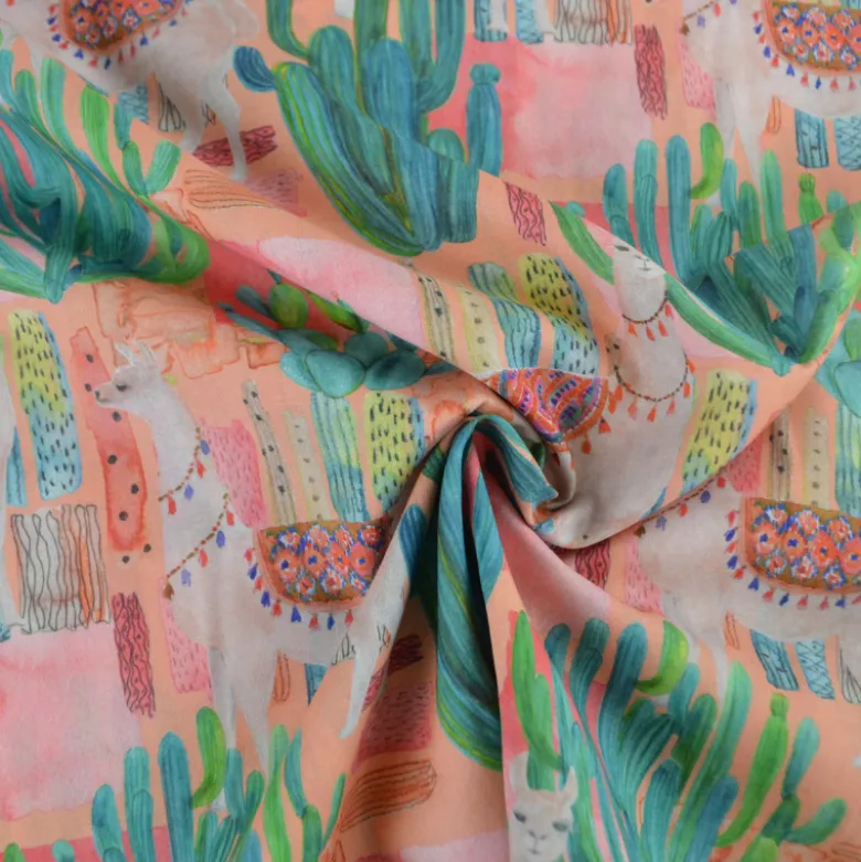 Tissu voile de coton motif cactus et lamas - corail