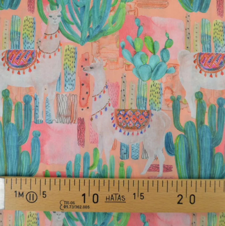 Tissu voile de coton motif cactus et lamas - corail