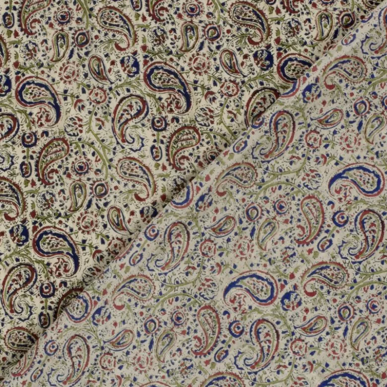 Tissu voile de coton Sundari motif paisley indien vert, rouge & bleu