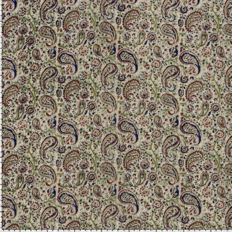 Tissu voile de coton Sundari motif paisley indien vert, rouge & bleu