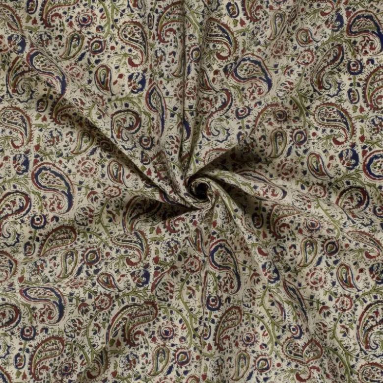 Tissu voile de coton Sundari motif paisley indien vert, rouge & bleu