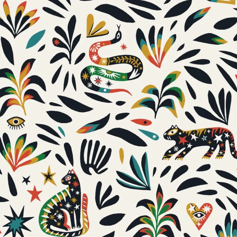 Tissu Yucatan en coton motif animaux et feuillage multicouleurs