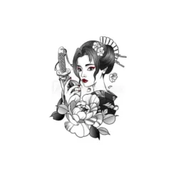 Transfert textile Thermocollant motif femme asiatique, fleurs et sabre