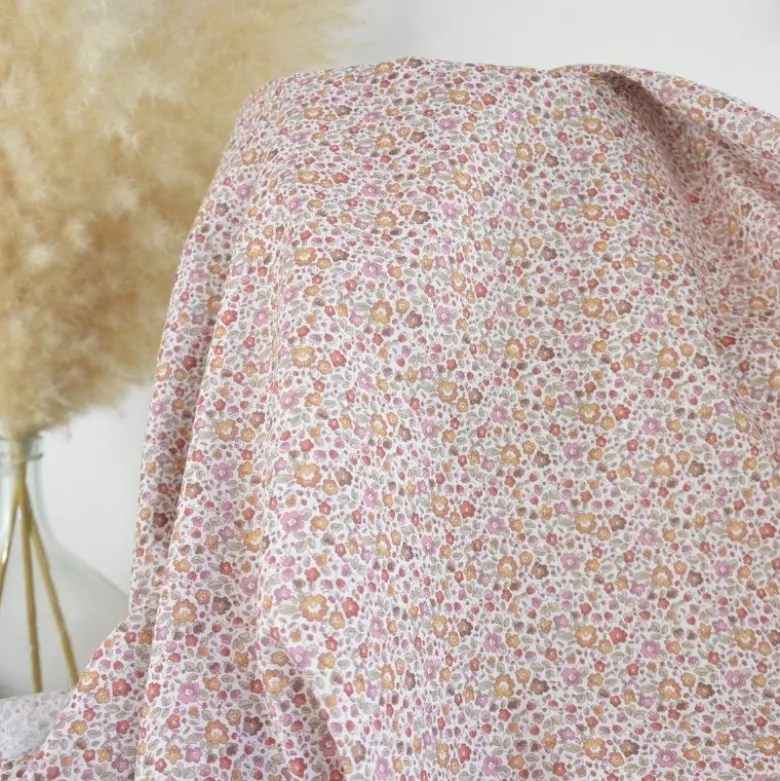 Voile de coton BIO motif fleurs bordeaux et camel -oeko tex