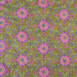 Voile de coton matelassée motif fleurs et rayures vert et violet