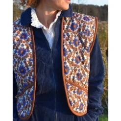 Voile de coton matelassée motif fleurs et rayures Cobalt et caramel