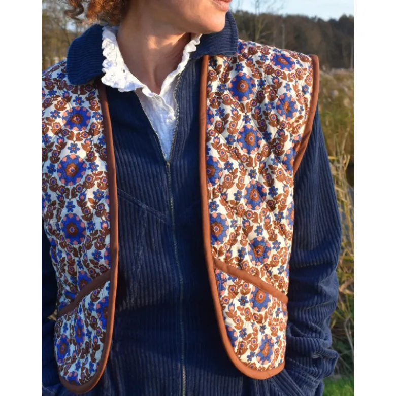 Voile de coton matelassée motif fleurs et rayures Cobalt et caramel