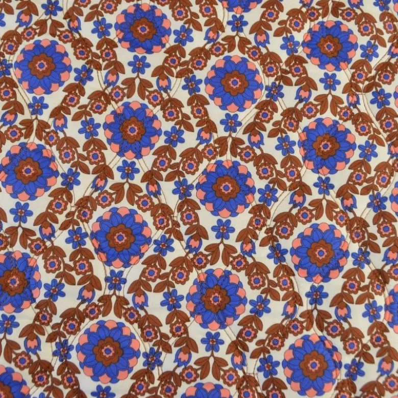 Voile de coton matelassée motif fleurs et rayures Cobalt et caramel