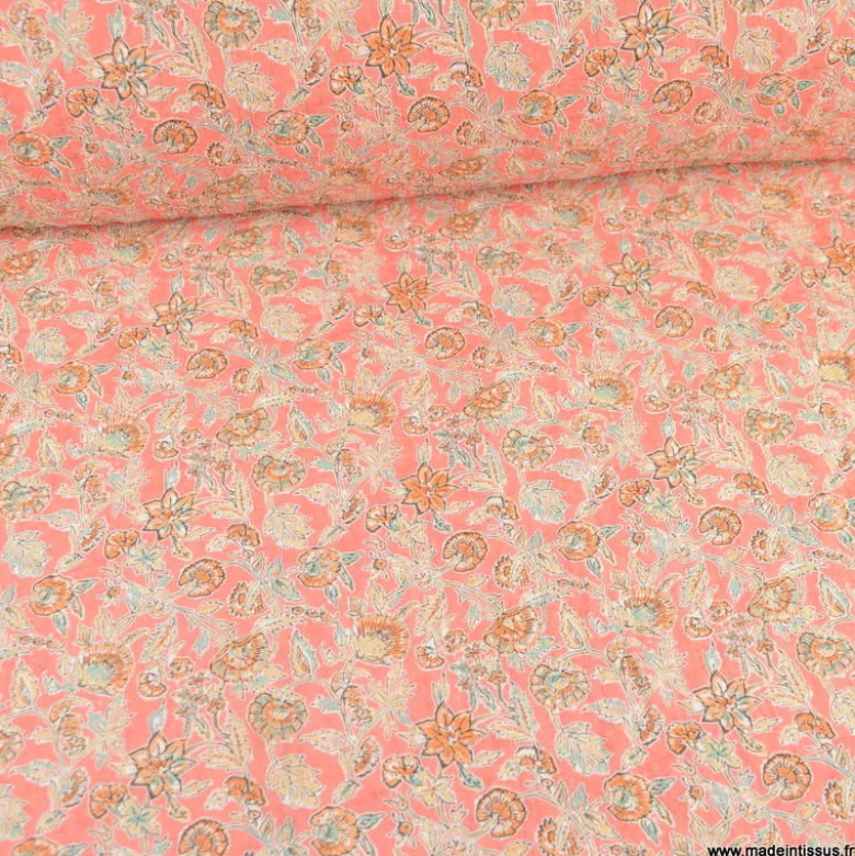 Voile de coton motif fleurs indiennes fond rose - OEKO TEX