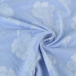 Voile de coton tissé teint à rayures et motif fleurs - Bleu