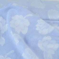 Voile de coton tissé teint à rayures et motif fleurs - Bleu